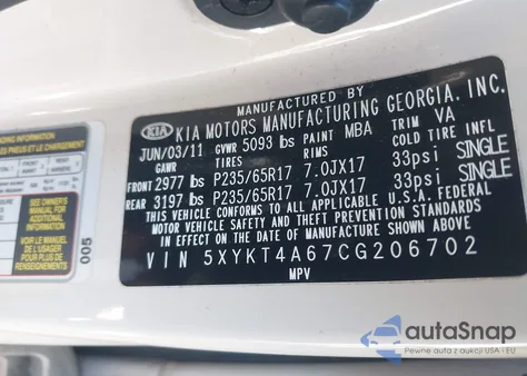 2012 Kia Sorento Lx z USA, uszkodzony, nr VIN 5XYKT4A67CG206702